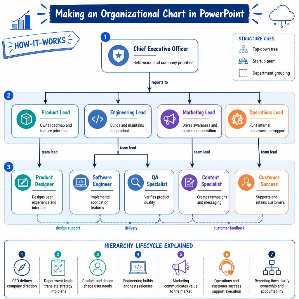 Tech org chart infographic for a startup with CEO, department leads, contributors, arrows, legend, and blue grouped boxes.