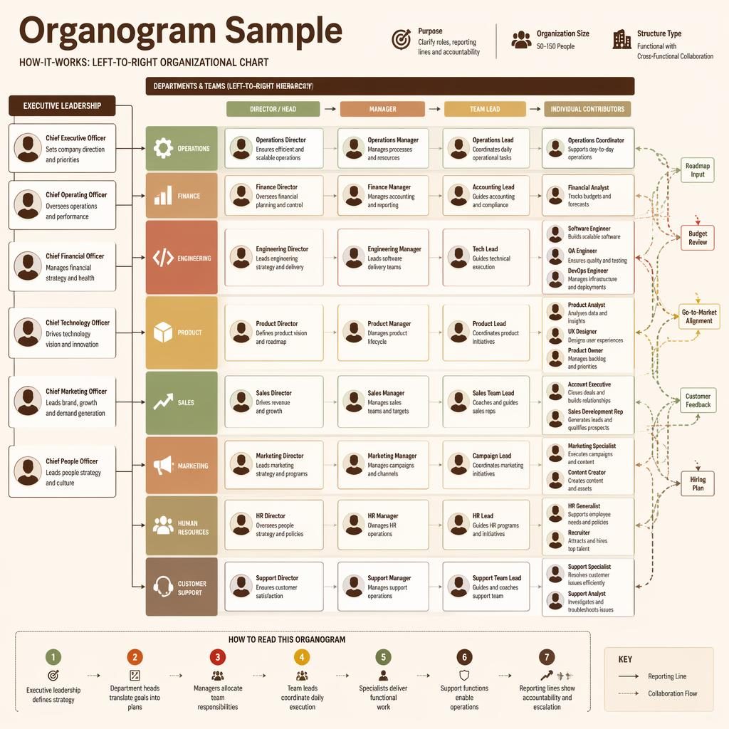Left-to-right organogram sample infographic with executive roles, grouped departments, reporting lines, and legend.