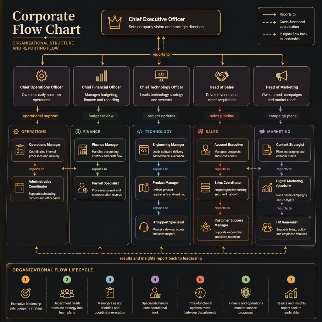 Corporate flow chart infographic showing a top-down company org chart with boxed roles, arrows, grouped departments, and legend.