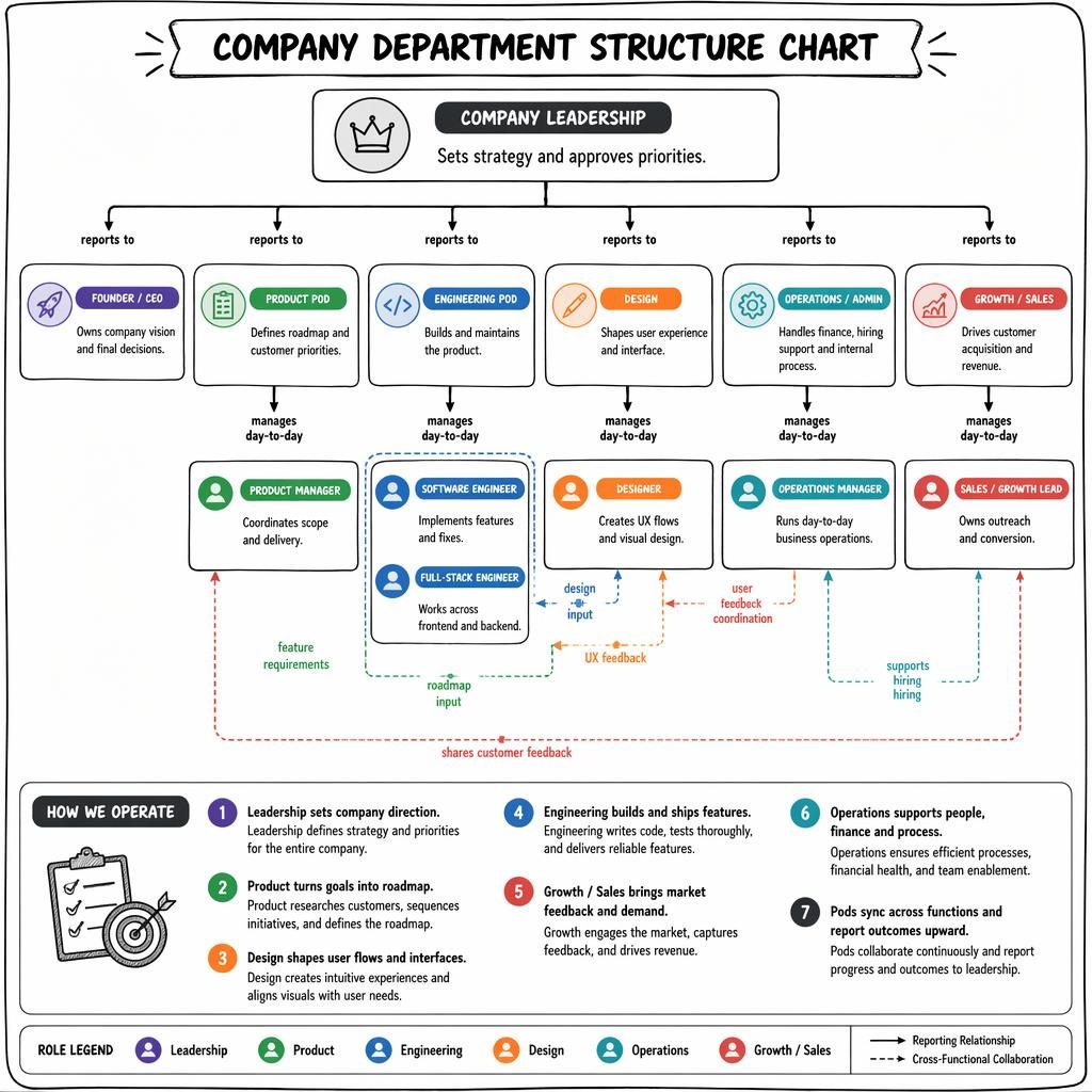 Hand-drawn startup org chart infographic with leadership, product, engineering, design, growth, and operations boxes.