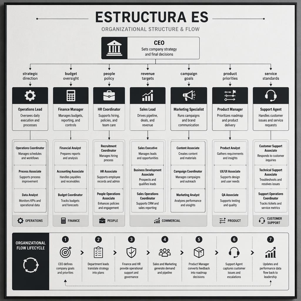 Póster corporativo fotorealista con árbol jerárquico superior, cajas de texto, flechas, leyenda 1-7 y estilo monocromo.