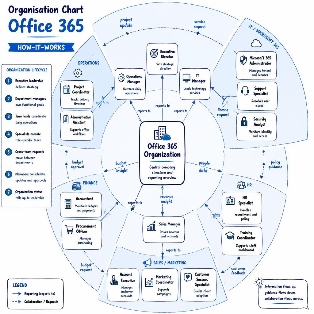 Radial organisation chart office 365 infographic with central hub, department role boxes, labeled arrows, and 1-7 legend.