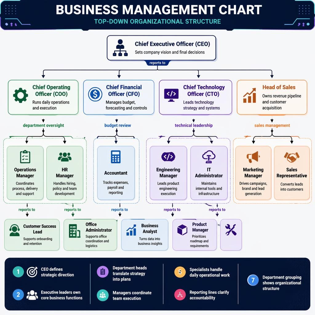 Top-down business management chart infographic with CEO, executives, managers, role boxes, labeled arrows, and 1–7 legend.