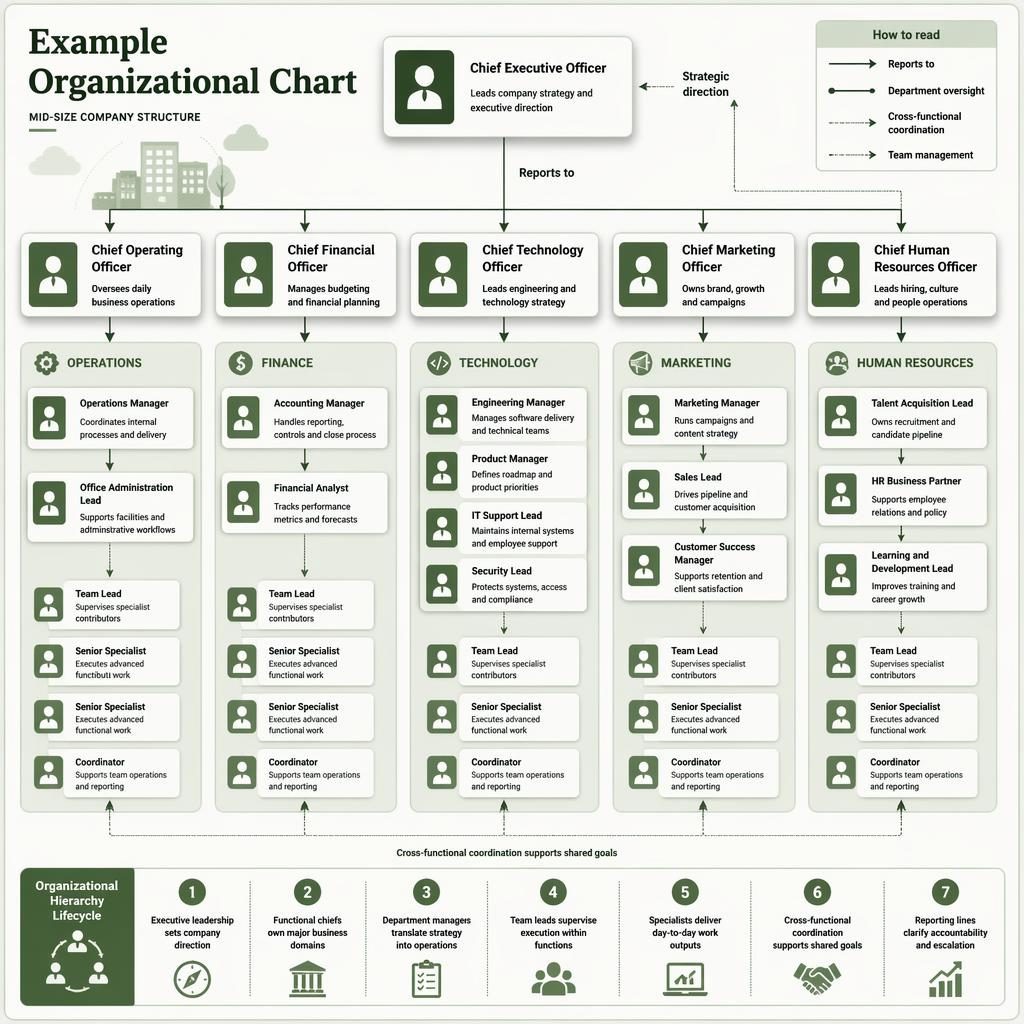Infographie d un organigramme d entreprise en arbre vertical avec départements, boîtes reliées, flèches et panneaux vert sauge.