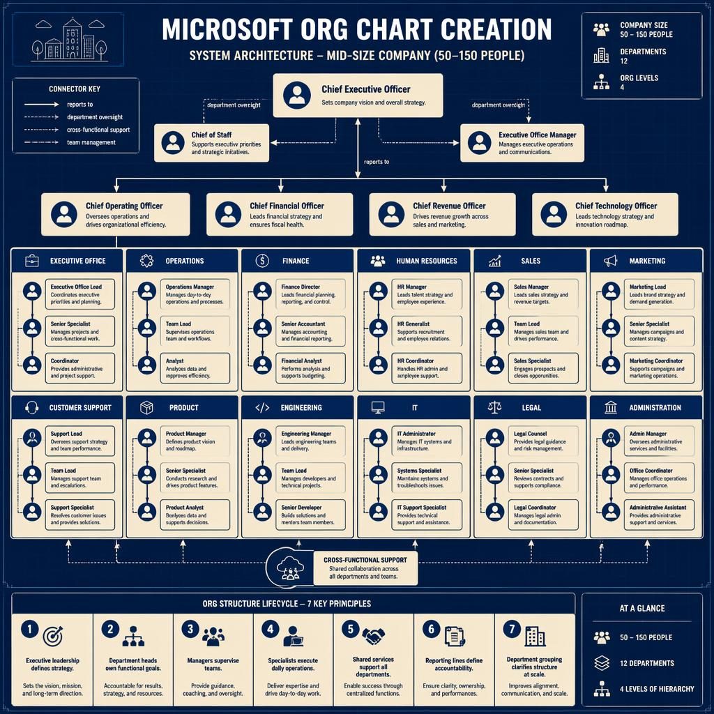Blueprint-Infografik mit Organigramm für Microsoft, Abteilungen, Rollenboxen, Pfeilen, Legende und cremefarbenen Panels.