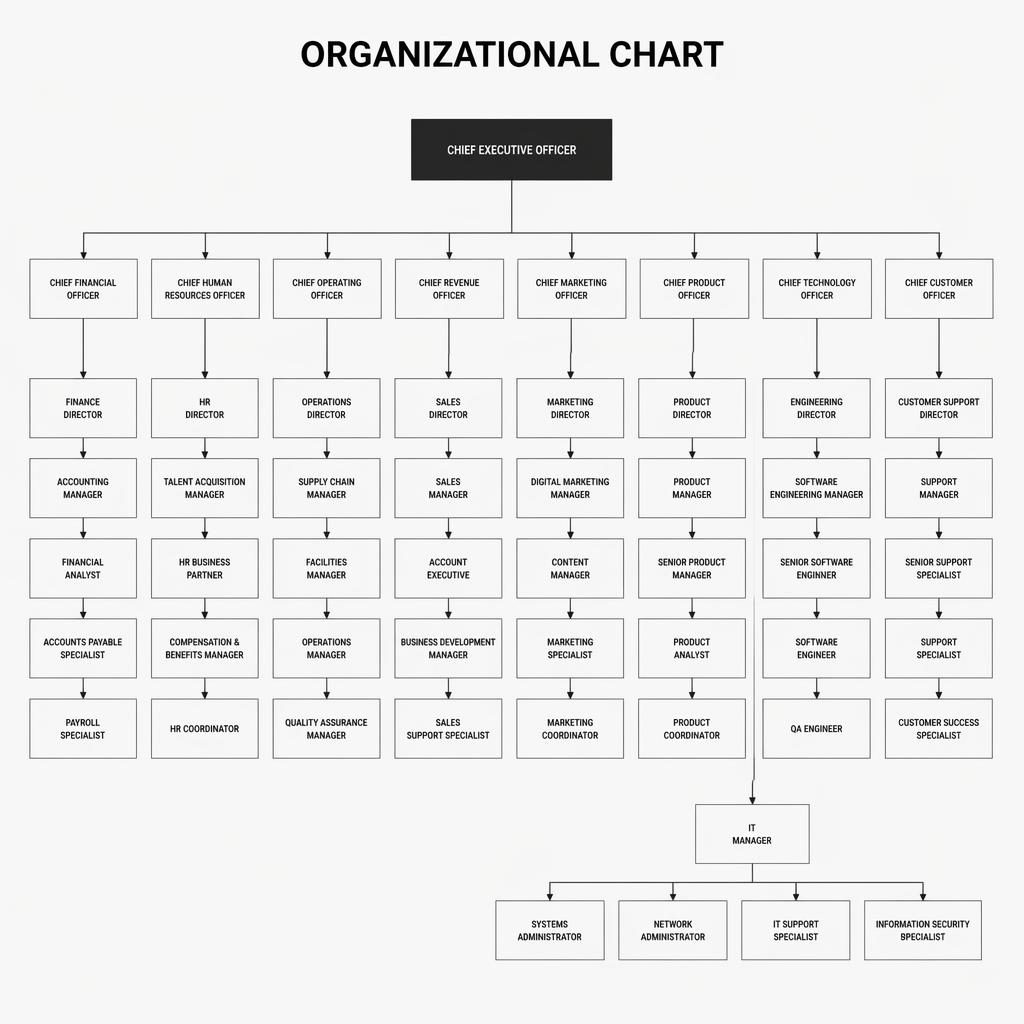 Fotorealistisk organizational chart i toppstyrd trädlayout med avdelningar som ledning, ekonomi, HR, drift, sälj och IT.
