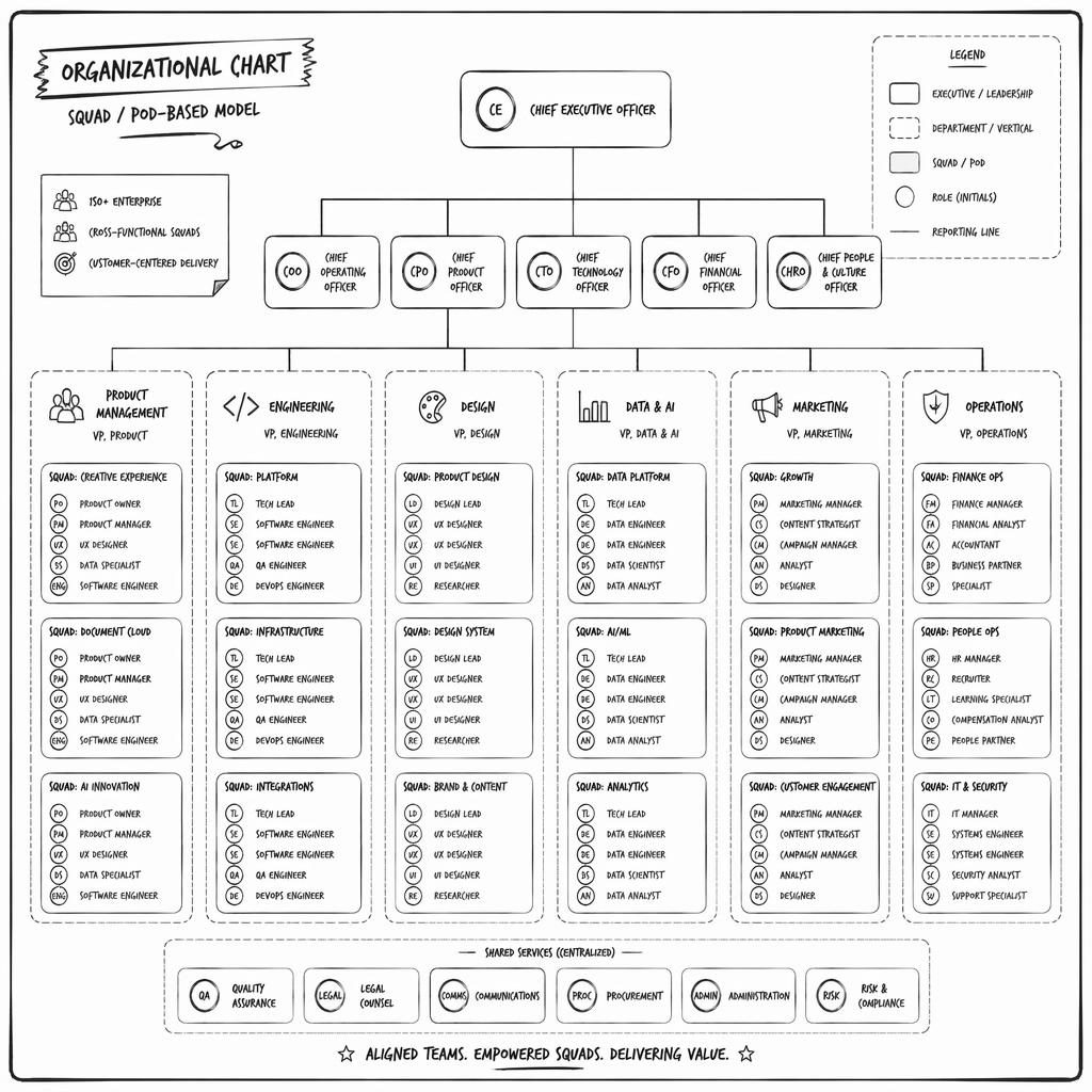 Hand-drawn monochrome org chart template with grouped departments, reporting lines, and circular initial avatars for 150+ roles.