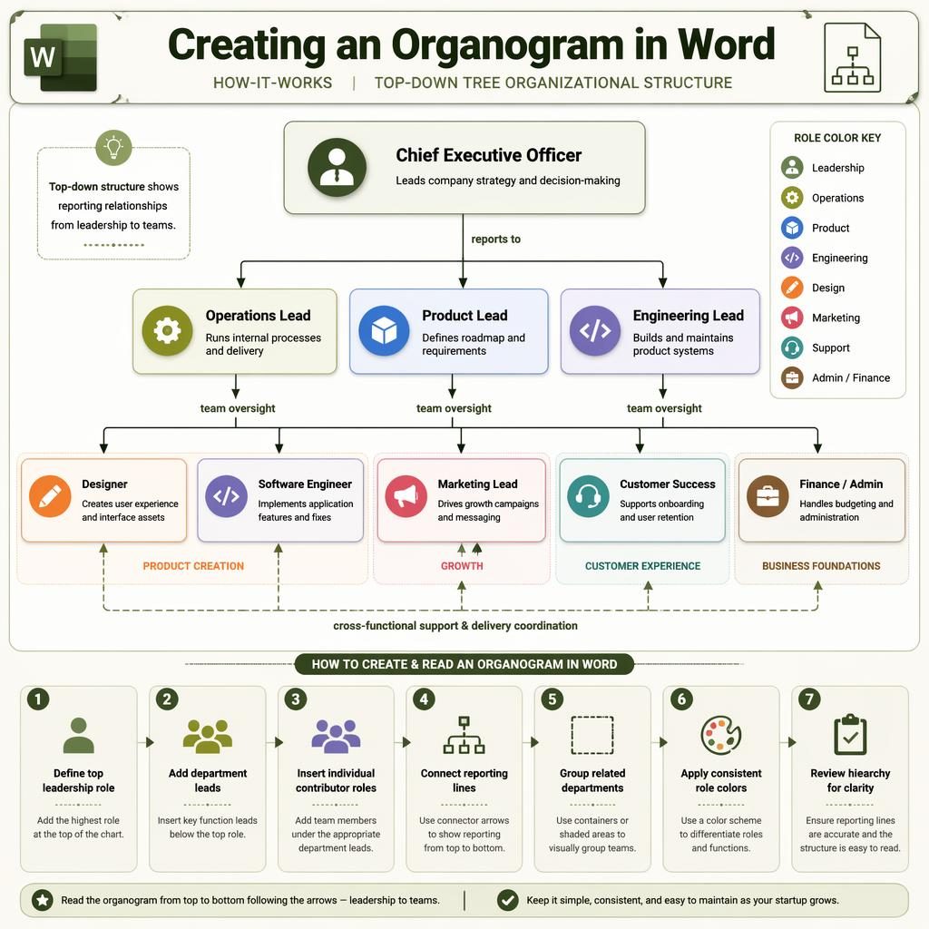 Top-down startup org chart infographic with role boxes, arrows, department groups, icons, and a 1-7 Word workflow legend.