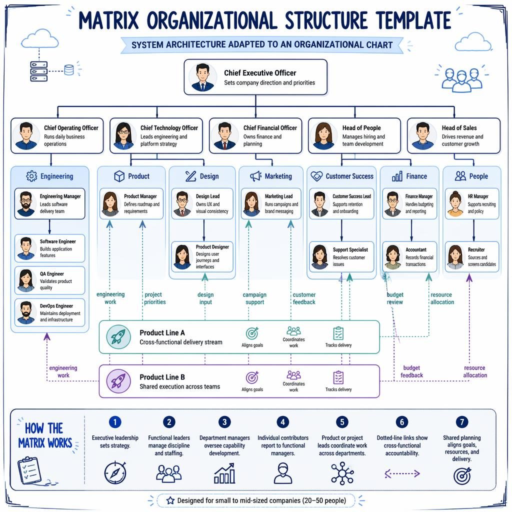 Tech-blue matrix organizational structure template infographic with CEO, departments, team roles, avatars, arrows, and legend.