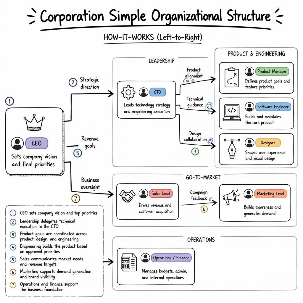 Left-to-right startup org chart infographic showing CEO, CTO, product, engineering, sales, marketing, and operations.
