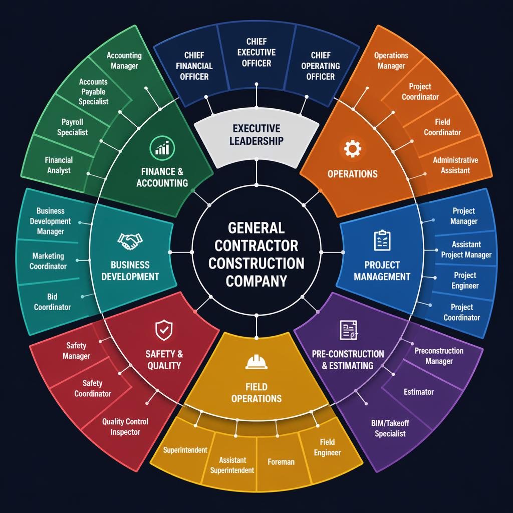 Radial org chart infographic for a general contractor construction company with text-only role nodes and grouped departments.