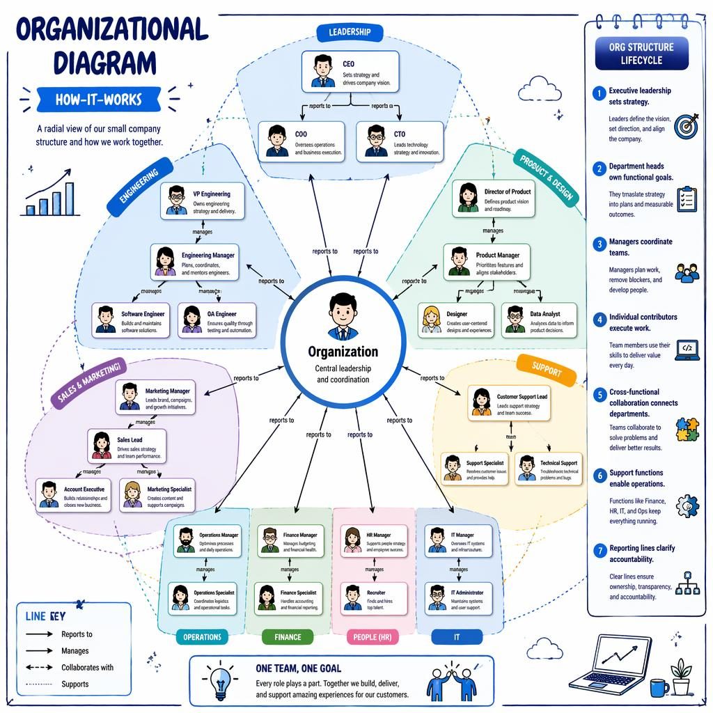 Radial sunburst organizational diagram infographic with company hub, department boxes, avatar icons, arrows, and legend.