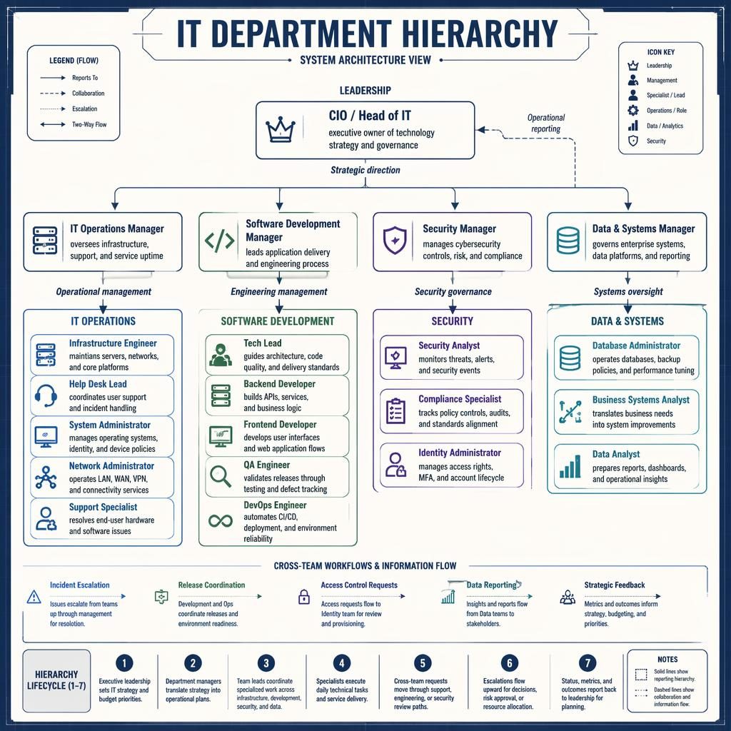 Blueprint-style IT department hierarchy infographic with grouped org chart boxes, reporting lines, legend, navy and cream.