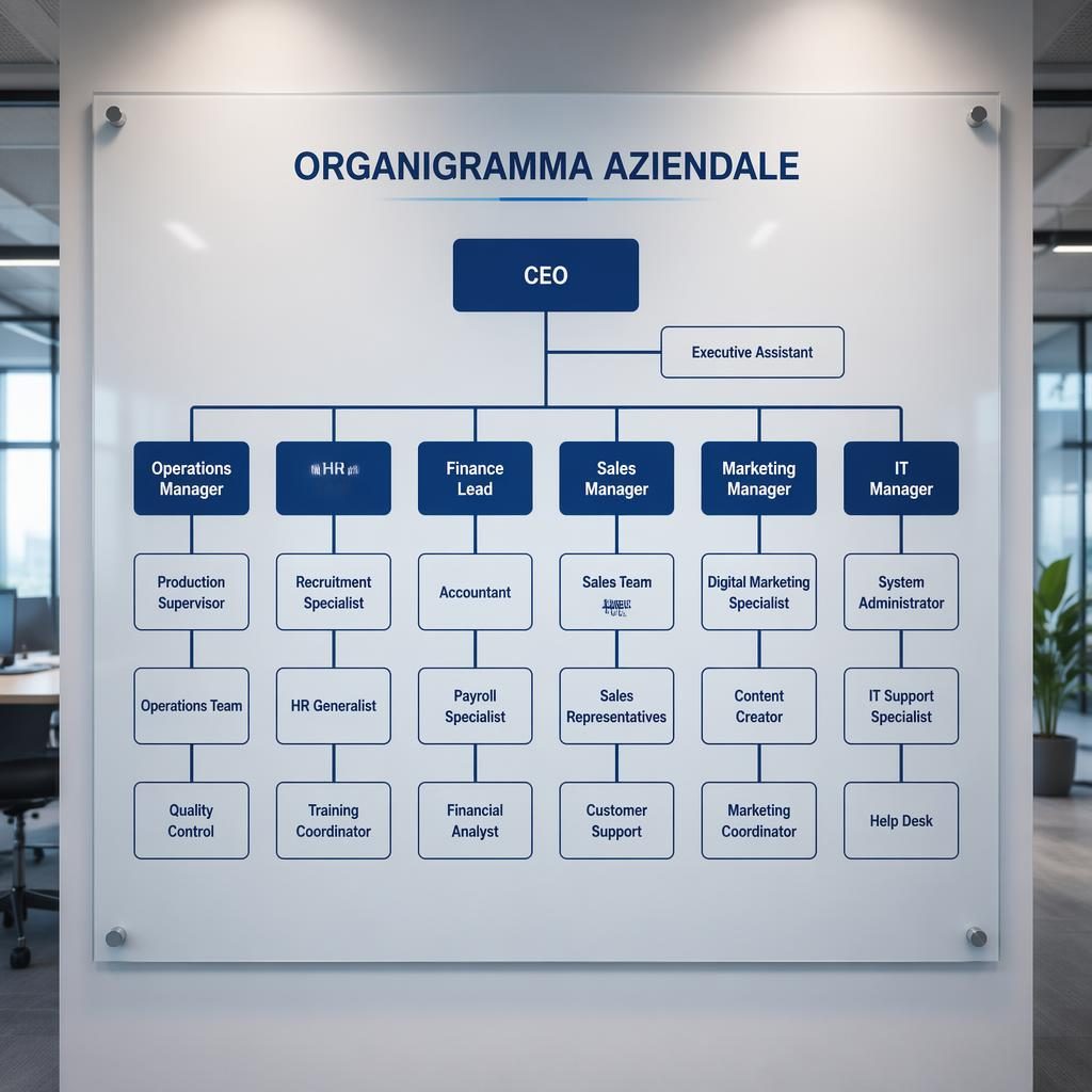 Infografica fotorealistica con organigramma aziendale top-down su parete ufficio, ruoli e reparti in palette blu.