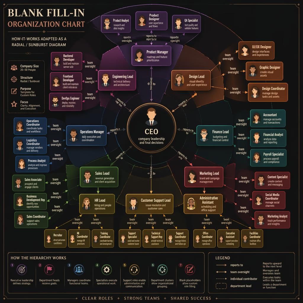 Infografía radial de organigrama en blanco para llenar con nodos jerárquicos, avatares cartoon, flechas y leyenda 1-7.