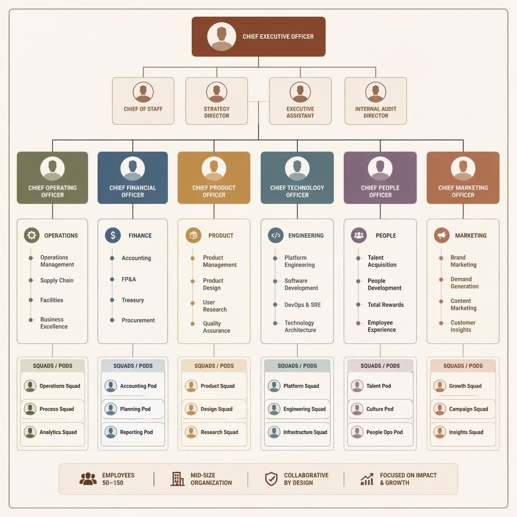 Consultant-clean org chart infographic with squad and pod groups, silhouette monogram avatars, sharp role titles, and reporting lines.