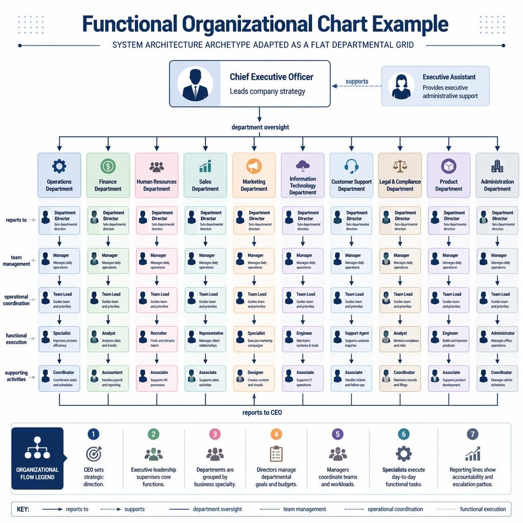 Corporate org chart infographic with CEO, executive assistant, departments, role boxes, arrows, pastel groupings, and legend.