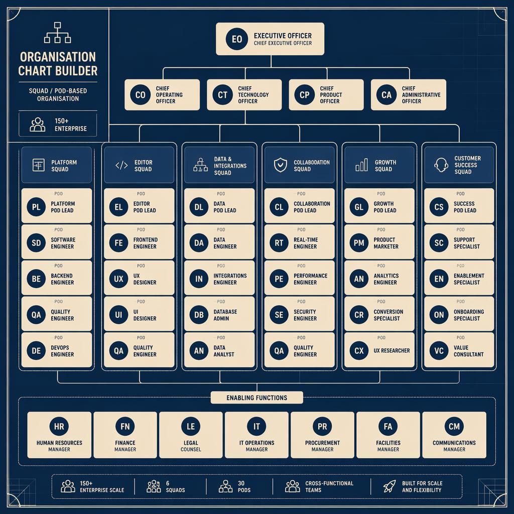 Blueprint-style org chart with grouped squad and pod teams, hierarchical reporting lines, and circular initial avatars in navy and cream.