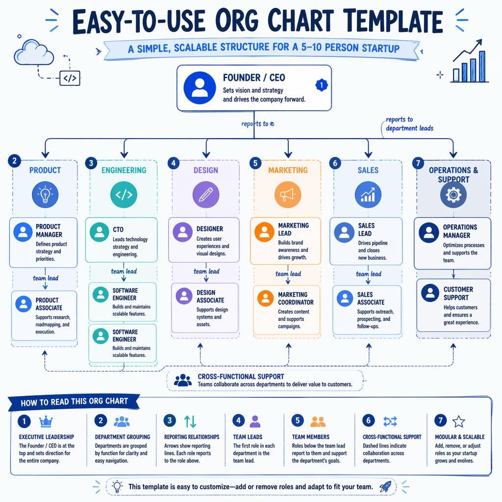 Startup org chart infographic with CEO at top, department boxes, arrows, icons, and a 1-7 legend in blue tech style.