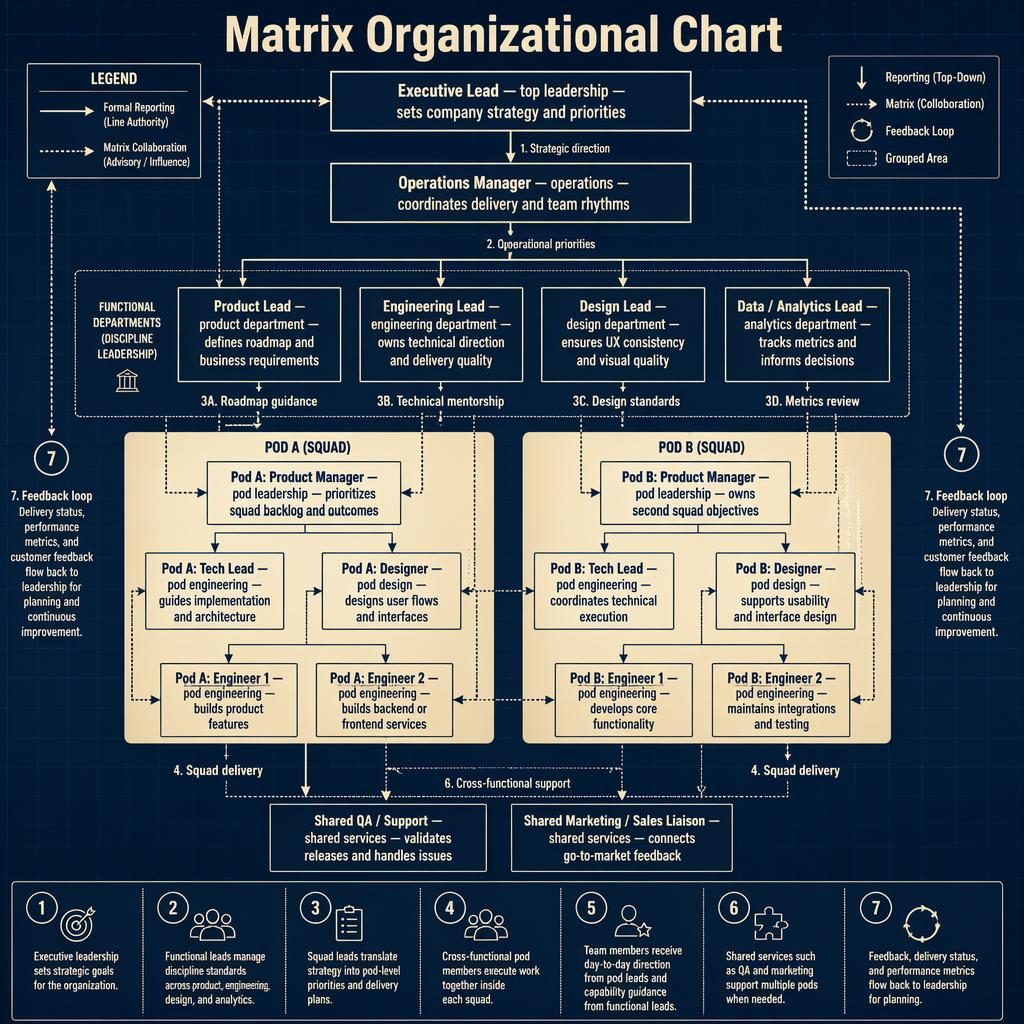 Infographie blueprint d’une matrice organigramme avec direction, départements, pods A et B, flèches pleines et pointillées.