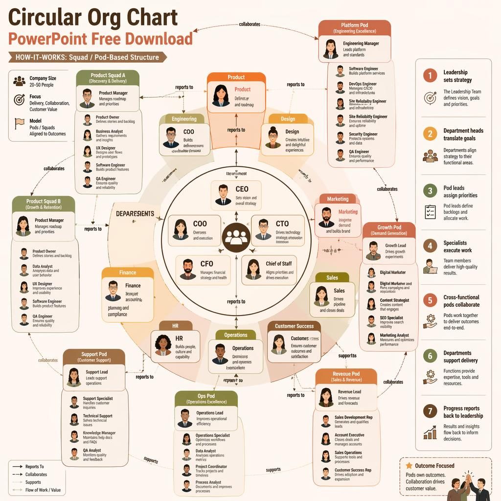 Circular org chart infographic with leadership hub, department rings, squad pods, role cards, connectors, and legend.
