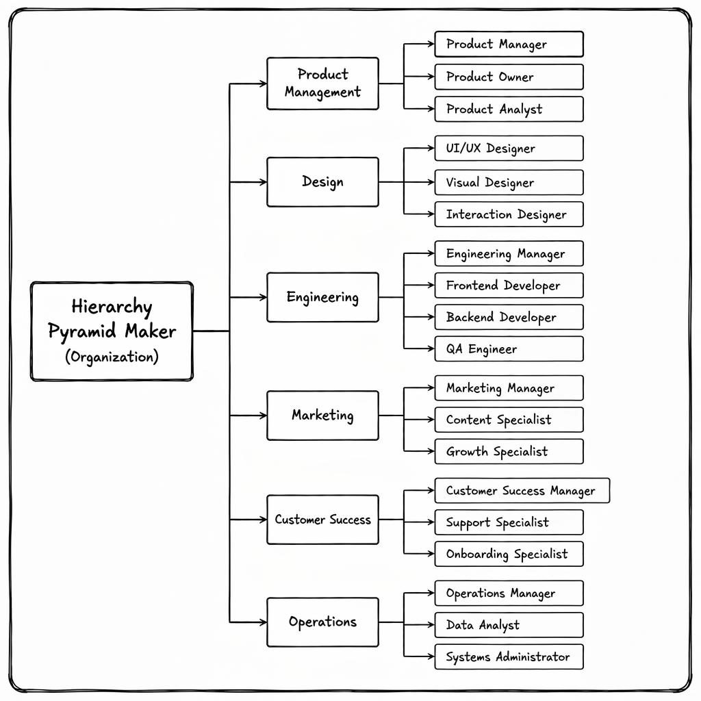 Hand-drawn whiteboard org chart in a left-to-right tree layout for a small team, with text-only role nodes and grouped departments.