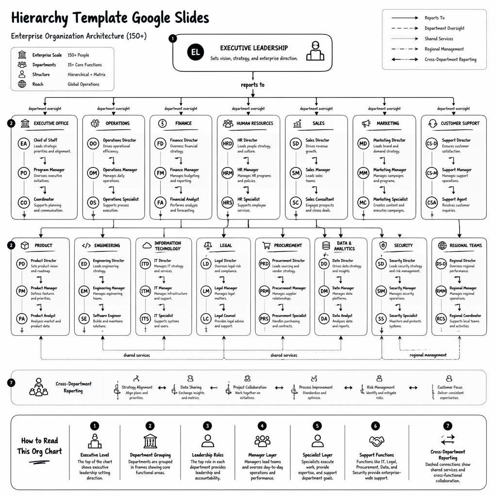 Monochrome enterprise org chart infographic with executive node, department grids, reporting lines, and legend 1-7.