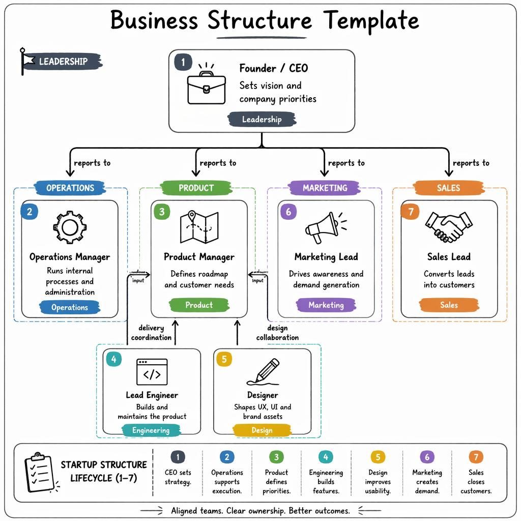 Hand-drawn tech infographic of a 7-node startup org chart with leadership, product, engineering, marketing, sales, and operations.