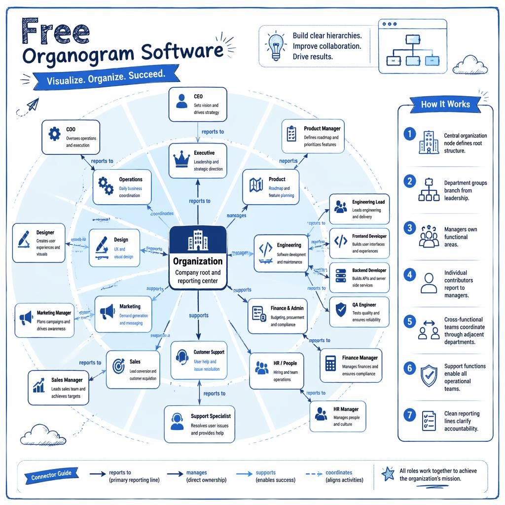 Blue radial org chart infographic showing Organization hub, 10 departments, role nodes, arrows, and a 1–7 legend.
