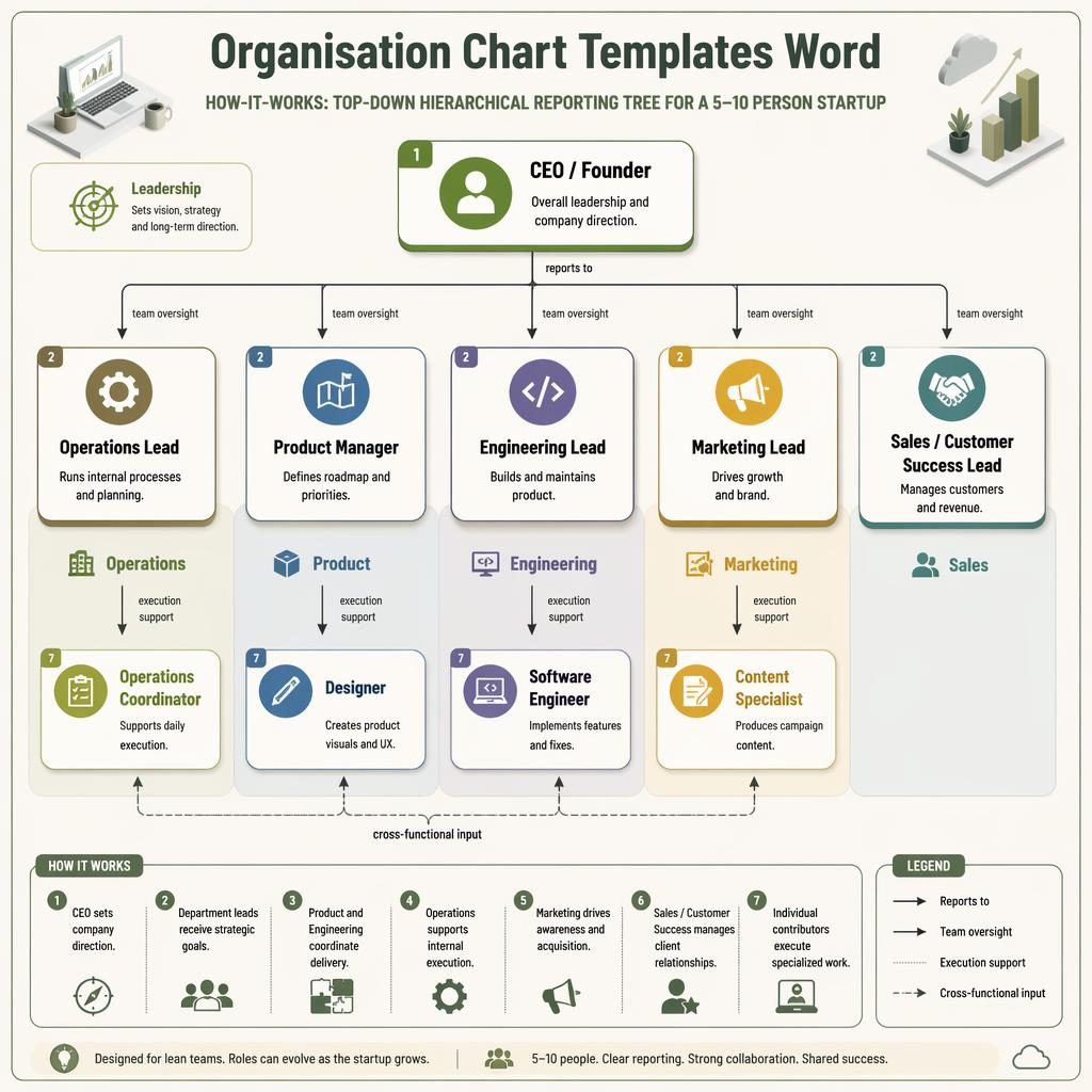 Isometric startup org chart infographic with CEO at top, department leads below, support roles, arrows, and legend.