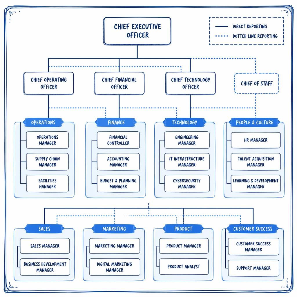 Top-down sketchnote org chart with dotted line reporting template, text-only nodes, grouped departments, tech blue palette