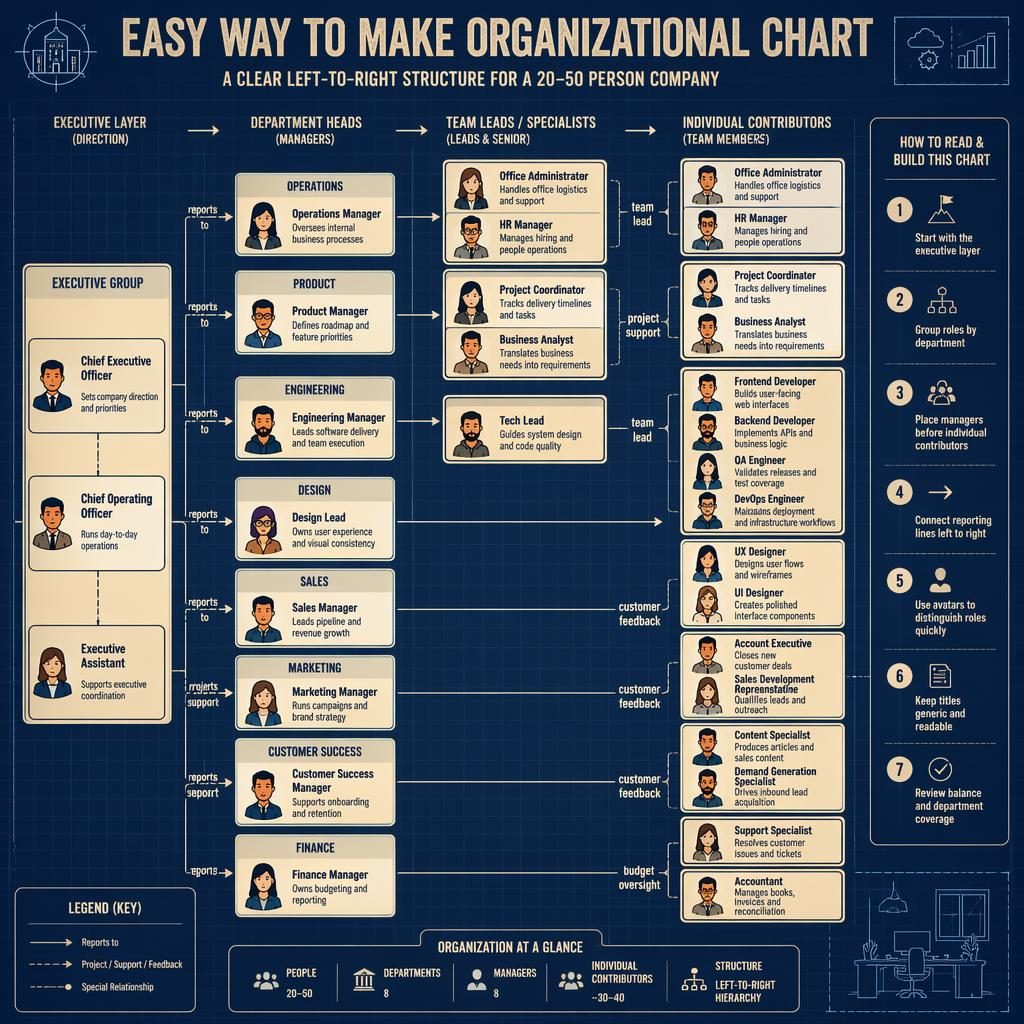 Blueprint org chart infographic with CEO-led hierarchy, grouped departments, role cards, avatars, arrows, and 1-7 legend