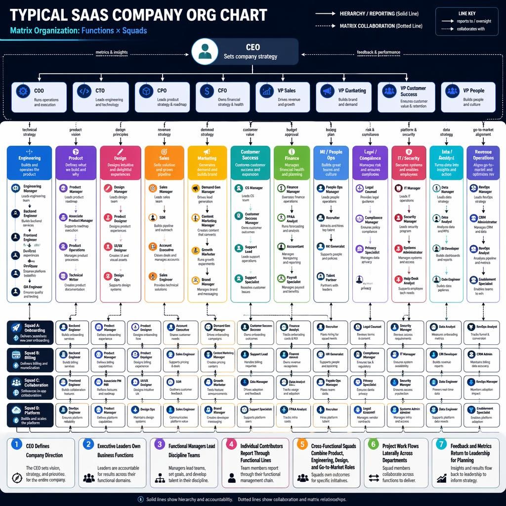 Matrix org chart infographic for a typical SaaS company with CEO, executives, departments, squads, arrows, dotted lines, and legend.