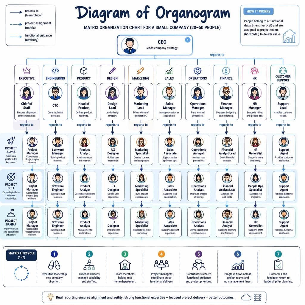 Tech blue matrix org chart infographic with departments, project rows, avatar icons, arrows, and a 1-7 legend.