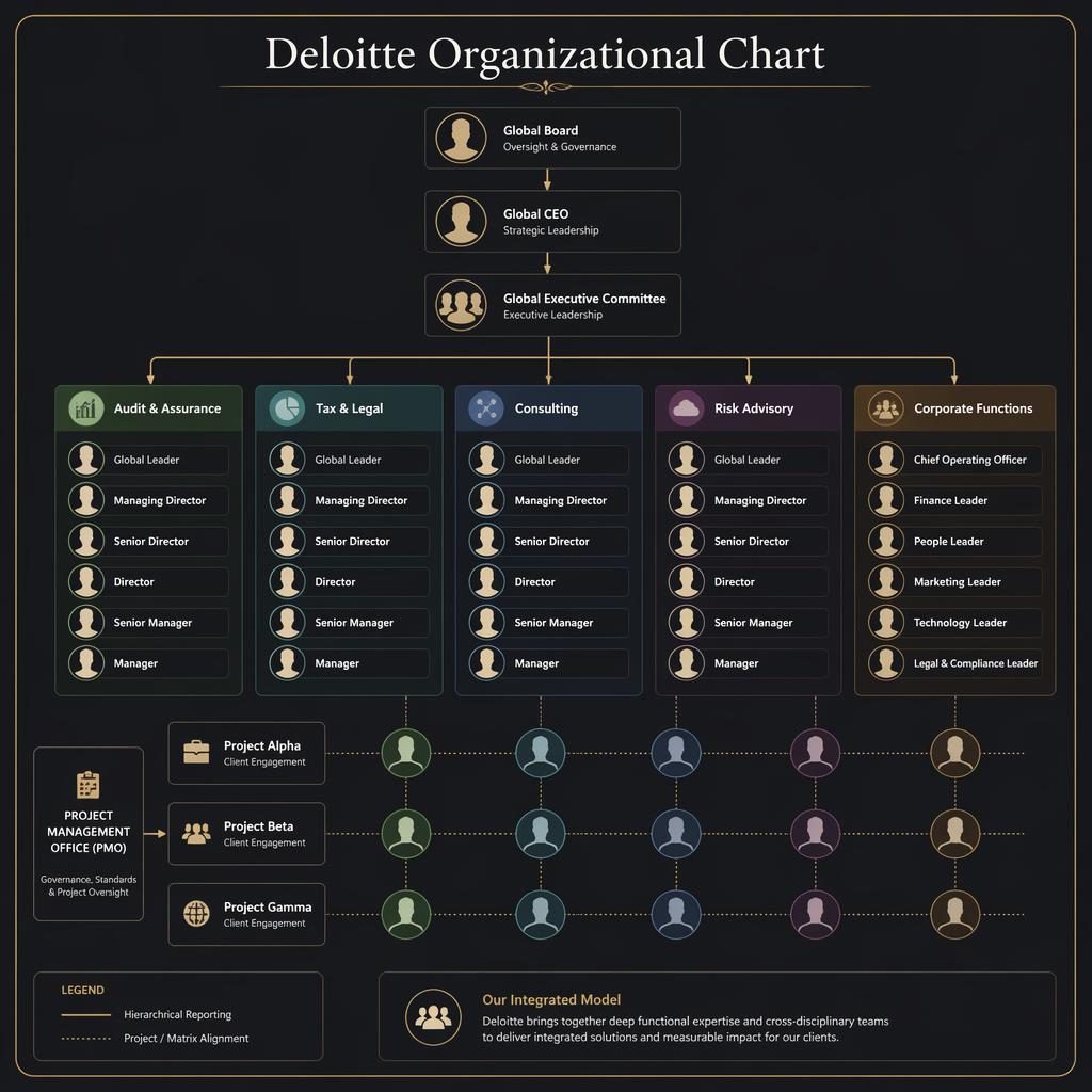 Matrix-style org chart with grouped departments, sharp role titles, reporting lines, and silhouette monogram avatars.