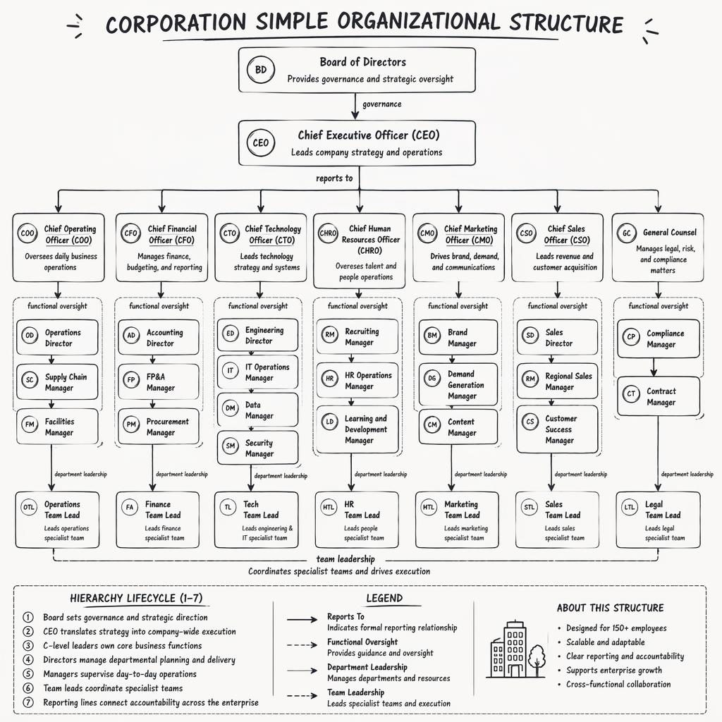 Hand-drawn monochrome org chart showing Board, CEO, C-level leaders, departments, managers, arrows, and legend.