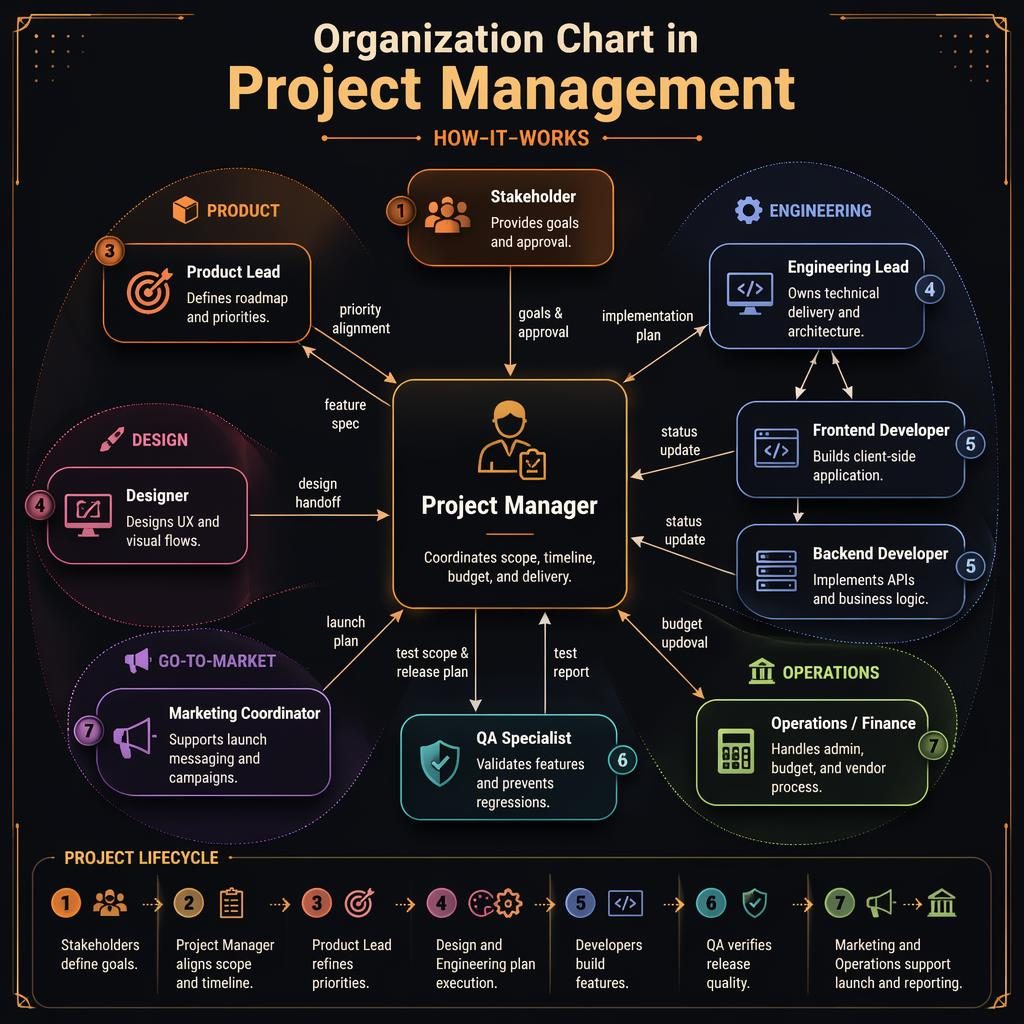 Radial startup org chart infographic with Project Manager hub, role nodes, inward arrows, lifecycle legend, and warm dark UI.