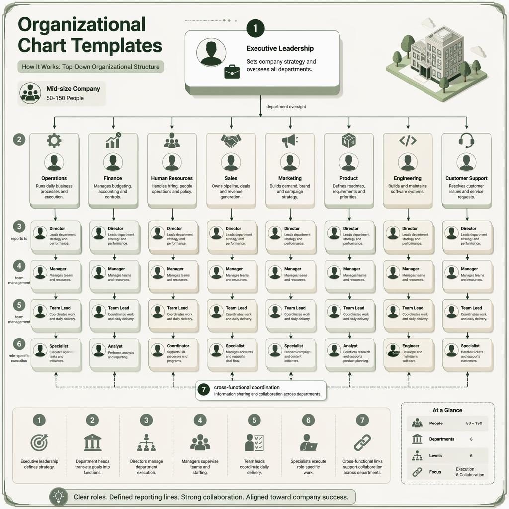 Infografía isométrica 3D de modelos de organigramas con jerarquía vertical, departamentos, flechas y leyenda numerada.