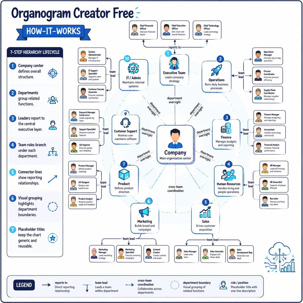 Radial org chart infographic with Company hub, 10 departments, cartoon avatar role nodes, connectors, and 1-7 legend in blue.