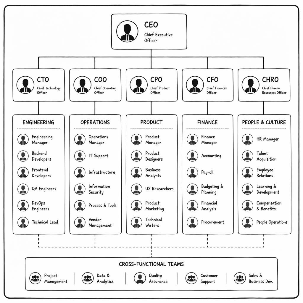 Hand-drawn whiteboard org chart showing a mid-size software company structure in a flat departmental grid.