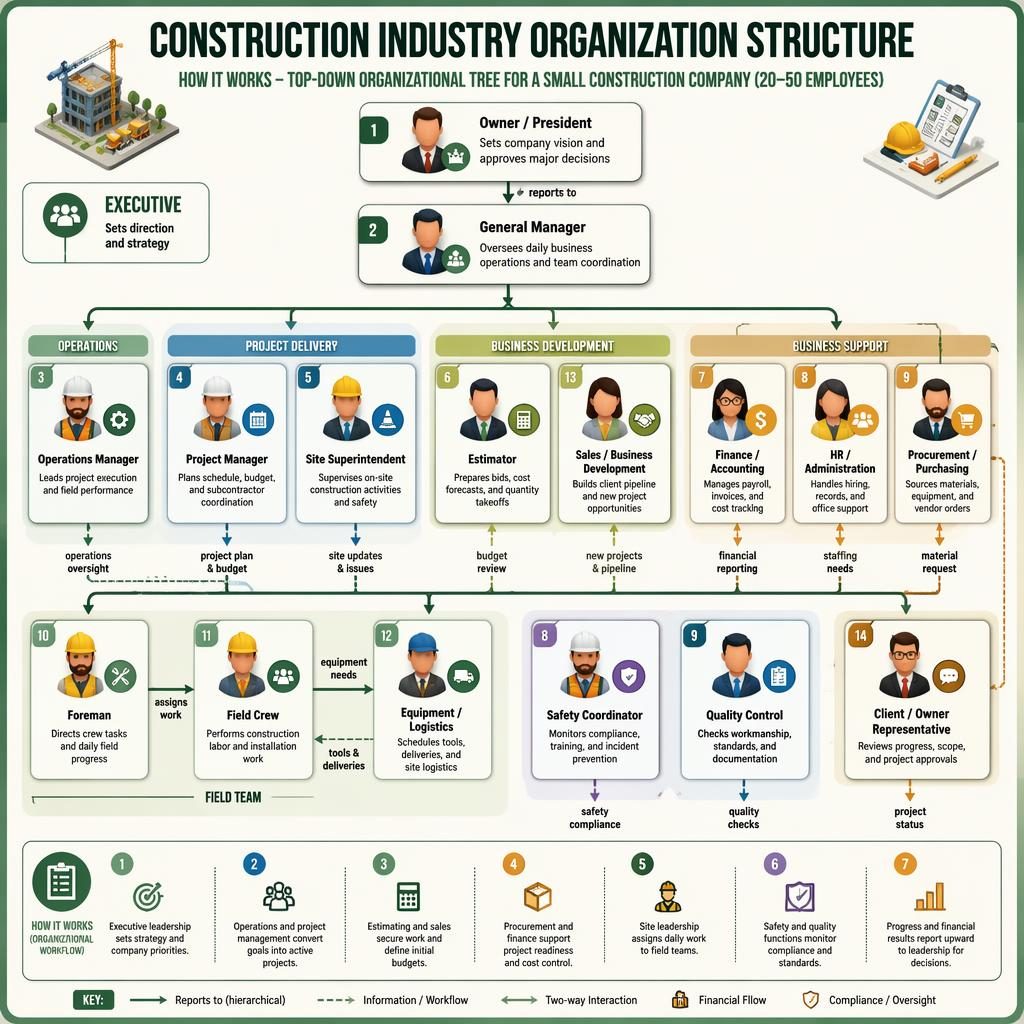 Isometric org chart infographic for a small construction company with executive, operations, field, and support roles.