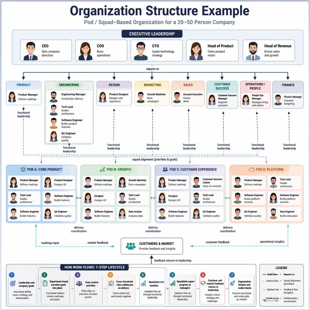 Infographic org chart showing executive leadership, department clusters, and cross-functional pods with labeled role boxes.