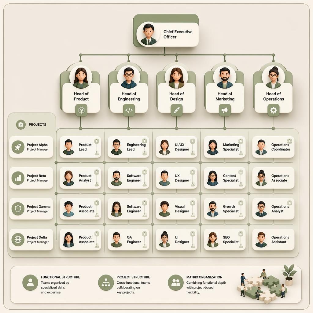 Isometric 3D matrix org chart with illustrated cartoon avatars, grouped departments, and sharp role title nodes in sage and warm white.