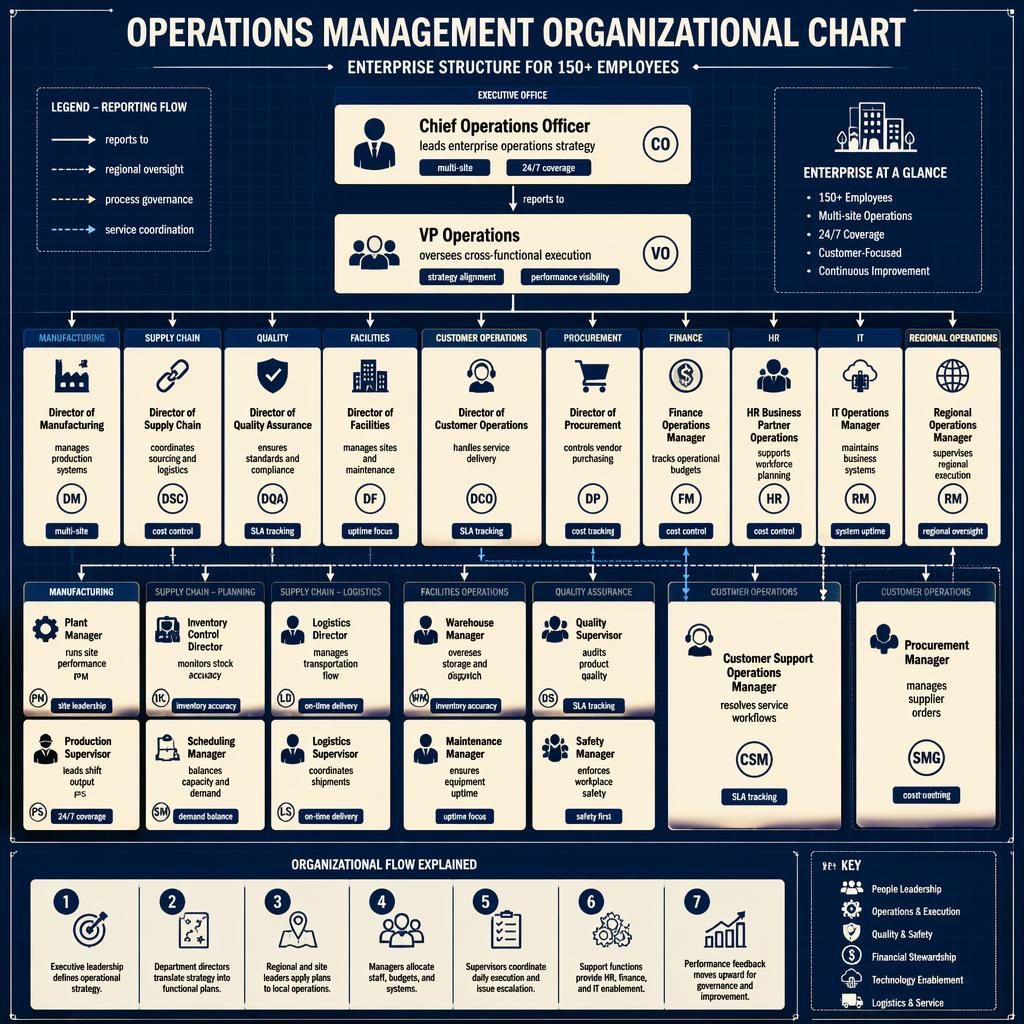 Blueprint-style operations management organizational chart with executive, department, manager, and supervisor boxes linked by arrows.