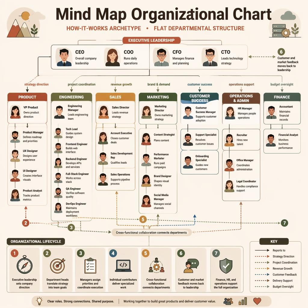 Consultant-style mind map organizational chart infographic with grouped departments, cartoon role boxes, and labeled reporting lines.