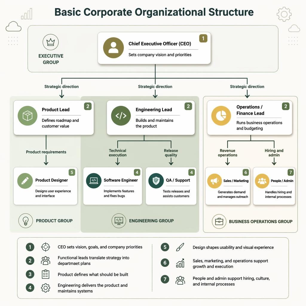 Top-down startup org chart infographic with CEO, department leads, role boxes, reporting lines, legend, and sage panels.