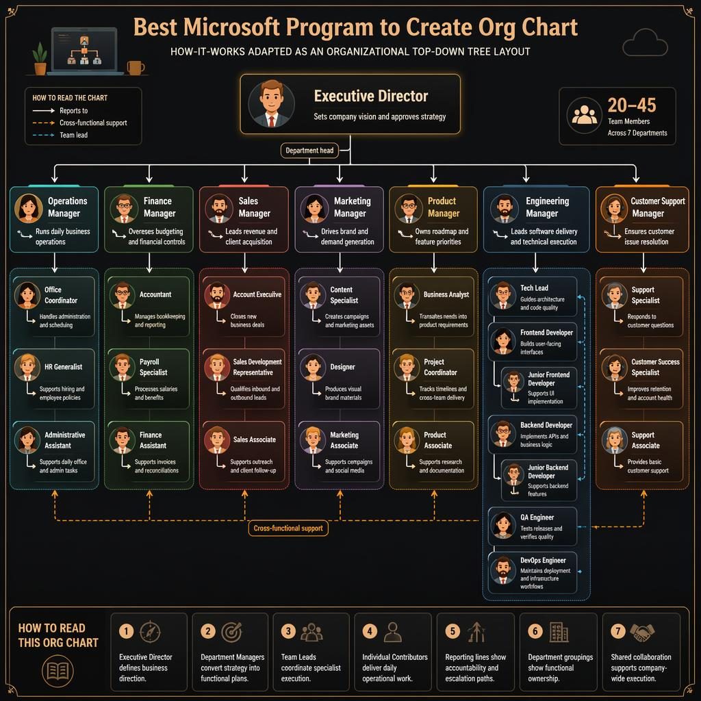 Tech org chart infographic for a small company with top-down hierarchy, department panels, cartoon avatars, and legend.