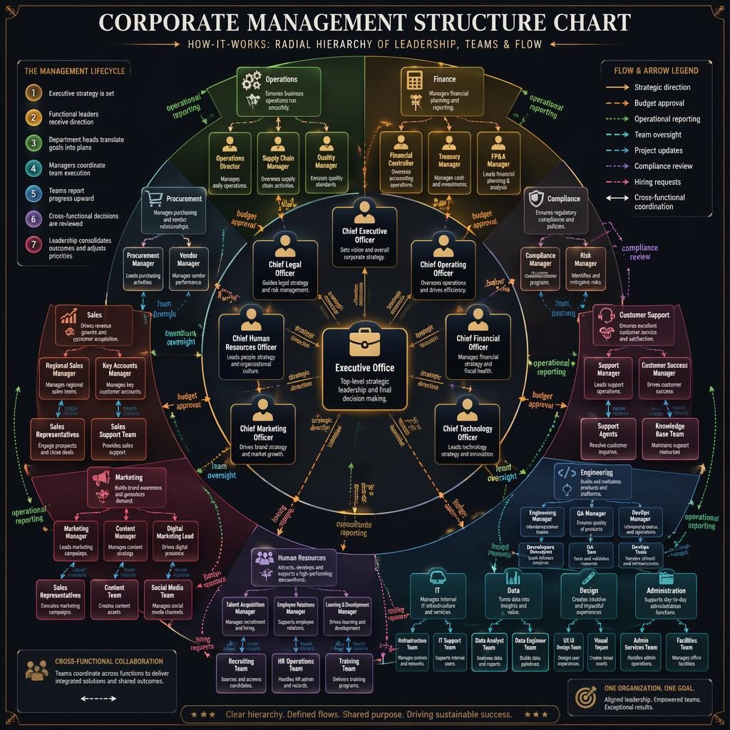 Radial corporate management structure chart infographic with executive hub, concentric department rings, arrows, legend, and dark premium palette.