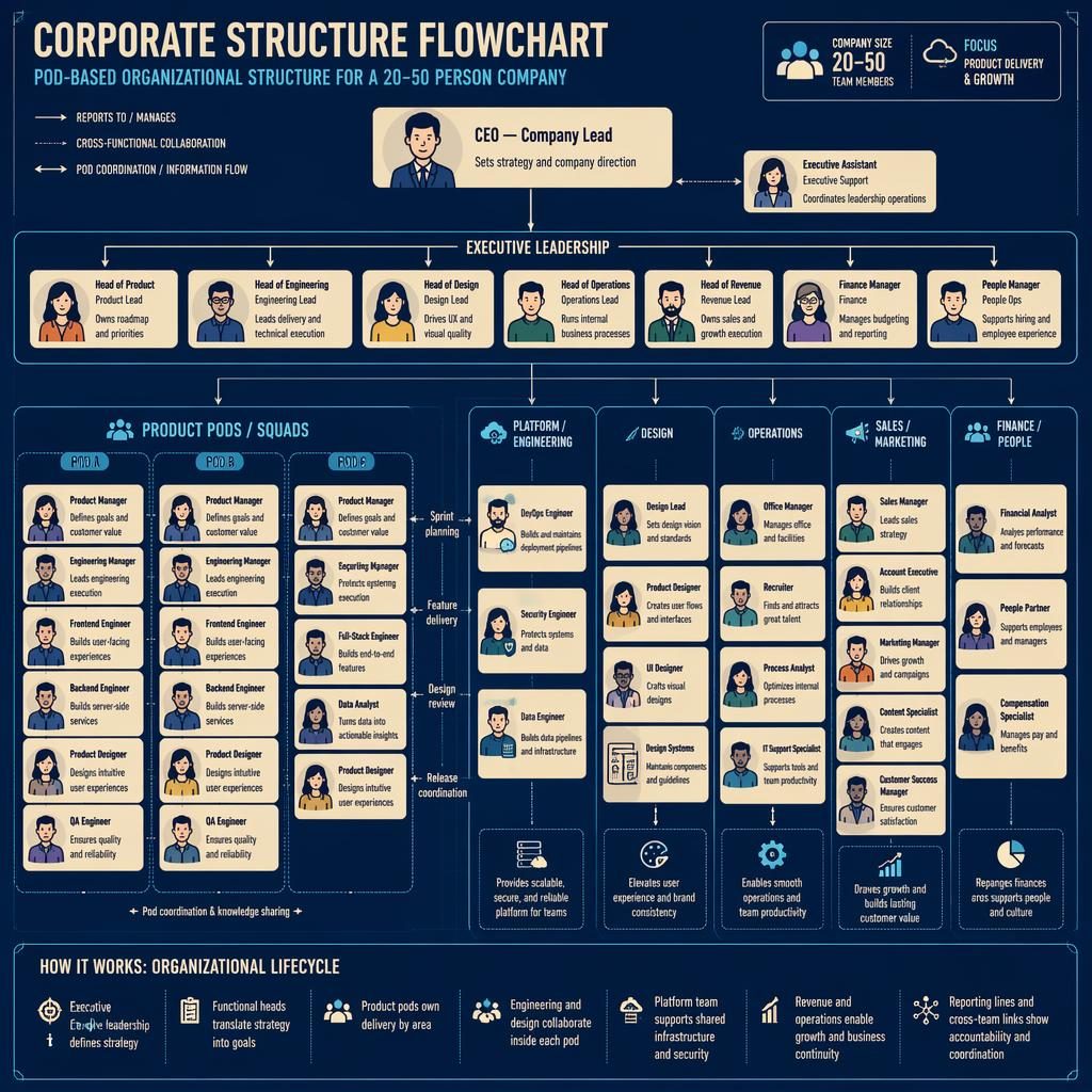 Blueprint-style corporate structure flowchart with executive teams, product pods, platform, revenue, and support roles.
