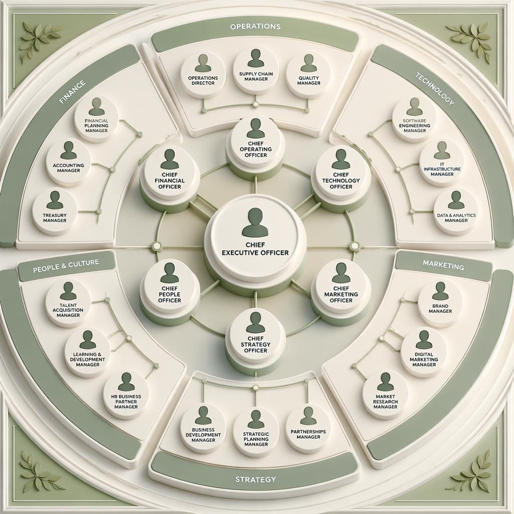 Isometric 3D radial organizational diagram with grouped departments, silhouette monogram avatars, sharp role titles, and sage warm white colors.